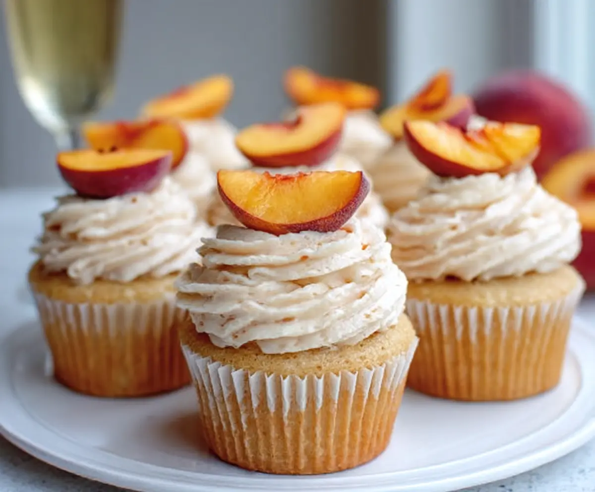Delicious Peach Bellini Cupcakes with fresh peaches and a bubbly glaze on top.