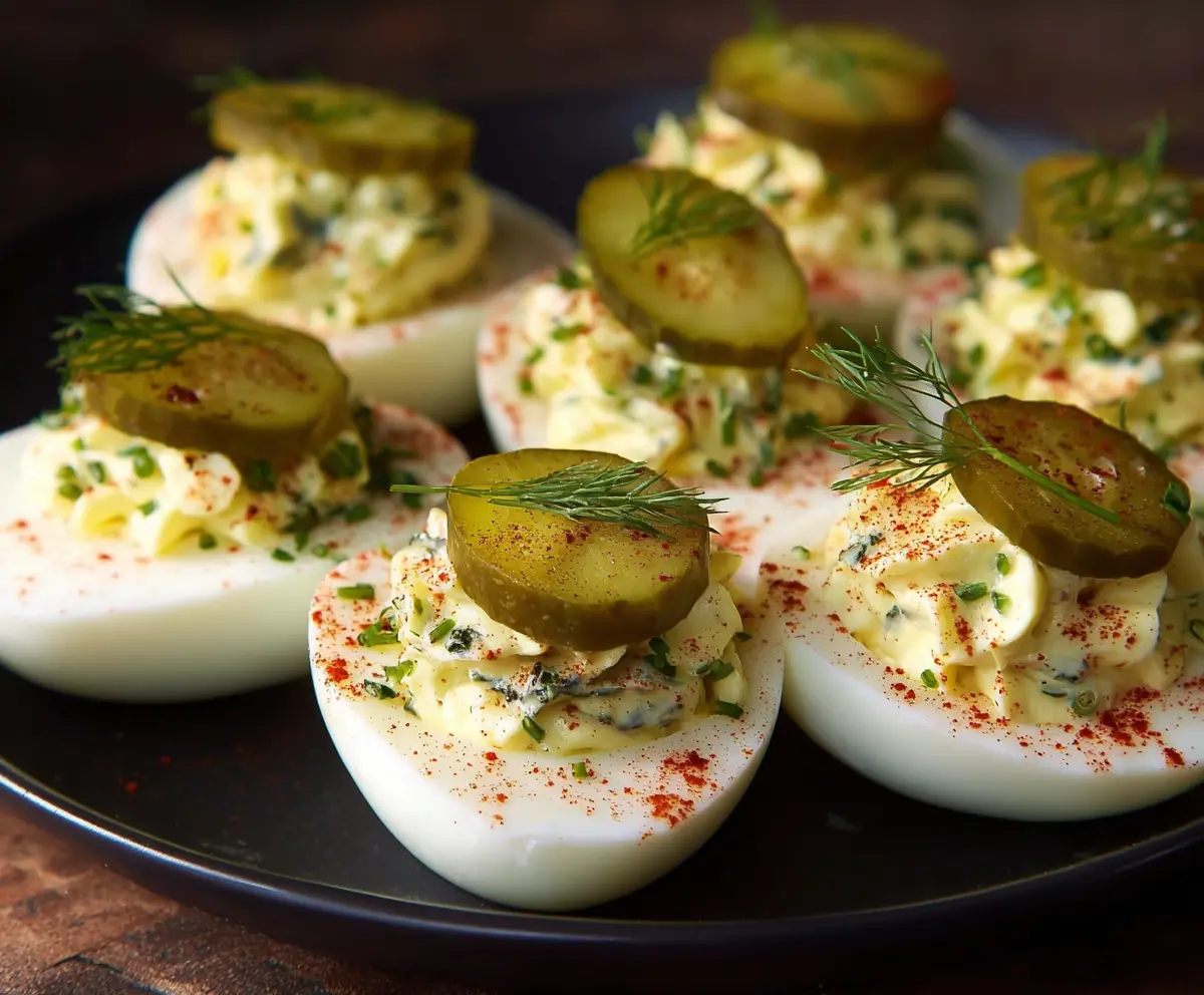 Delicious pickle deviled eggs garnished with paprika on a white plate.