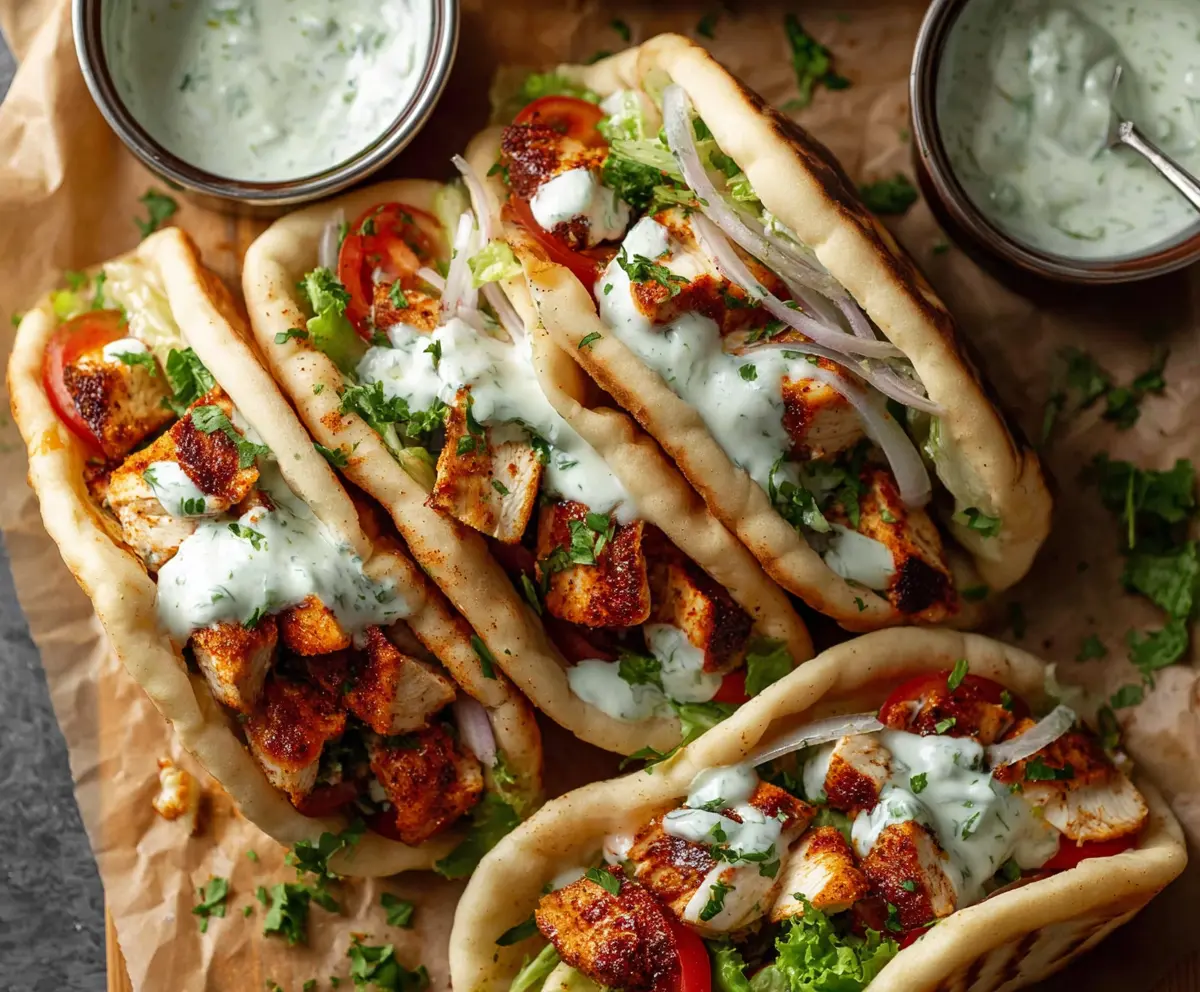 Delicious sheet pan chicken pitas garnished with fresh herbs and drizzled with herby ranch sauce.