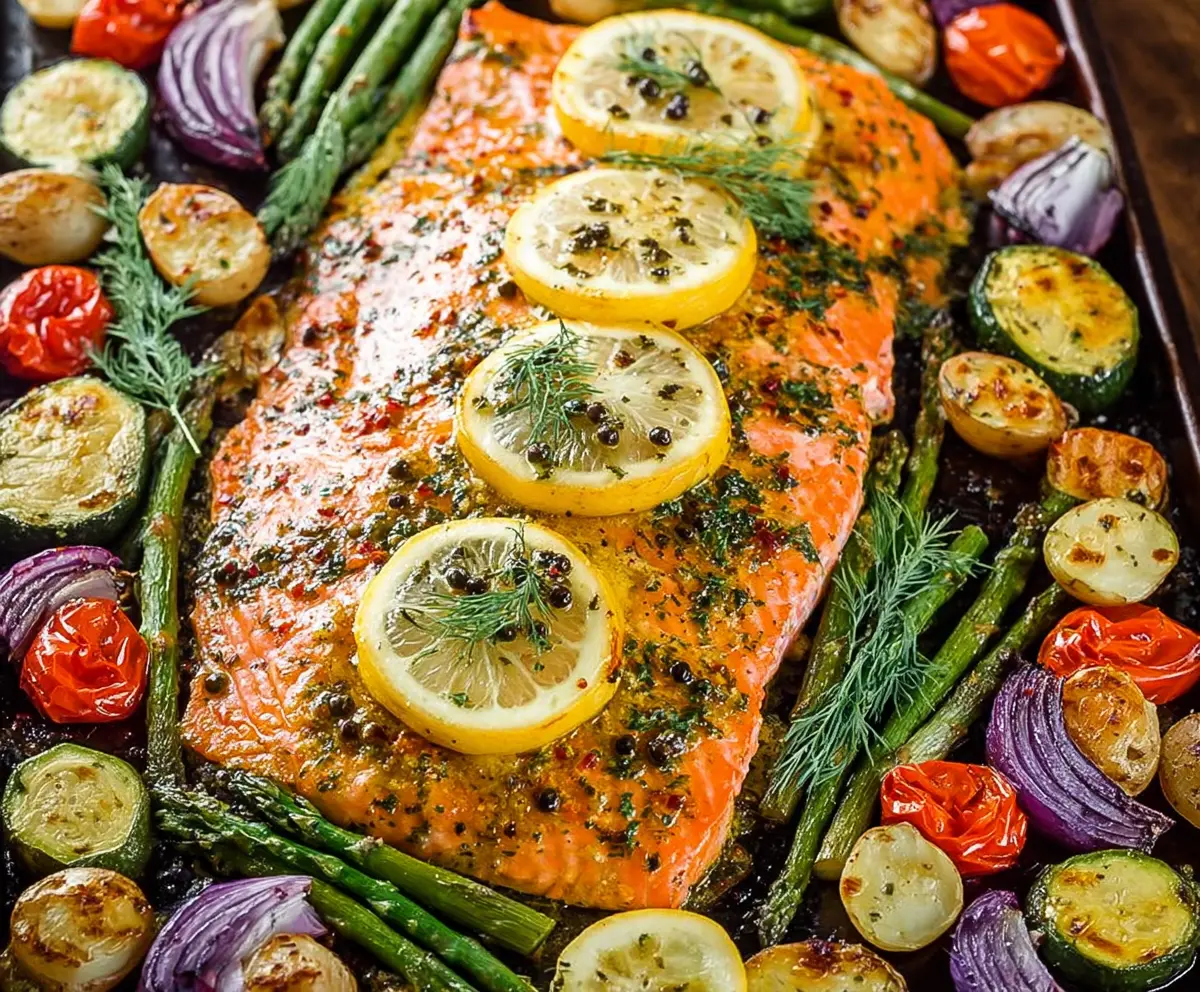 Delicious sheet pan honey mustard salmon served with colorful spring vegetables for a healthy dinner.