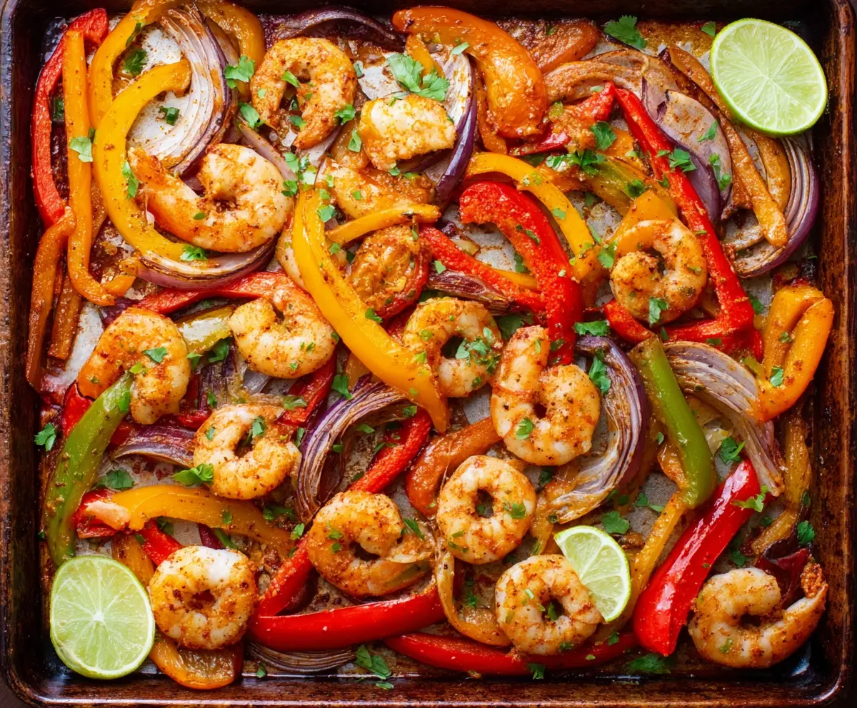 Delicious sheet-pan shrimp fajitas with colorful peppers and sizzling spices