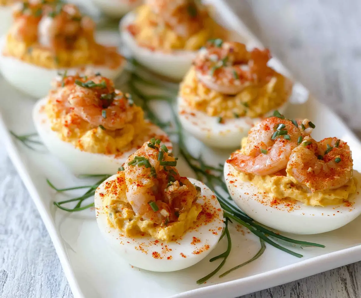 Delicious Spicy Crawfish Deviled Eggs served on a platter, garnished with herbs.