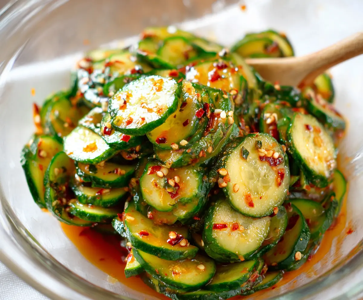 Fresh and crunchy spicy cucumber salad with chili flakes and herbs, perfect for a refreshing appetizer.