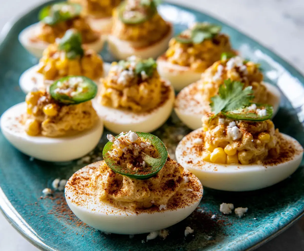 Creamy deviled eggs topped with spicy elote ingredients like chili powder, cotija cheese, and cilantro.