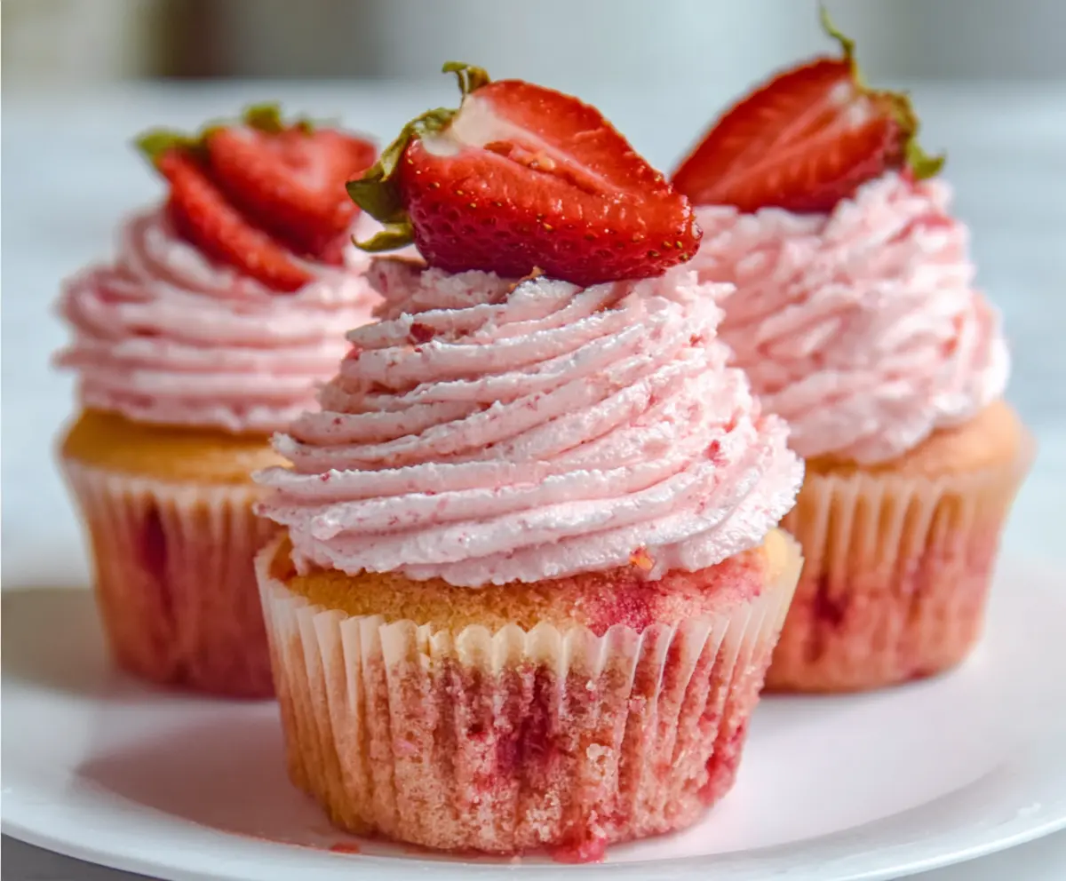 Delicious strawberry cupcakes with fresh strawberry toppings and fluffy frosting on a decorative plate.