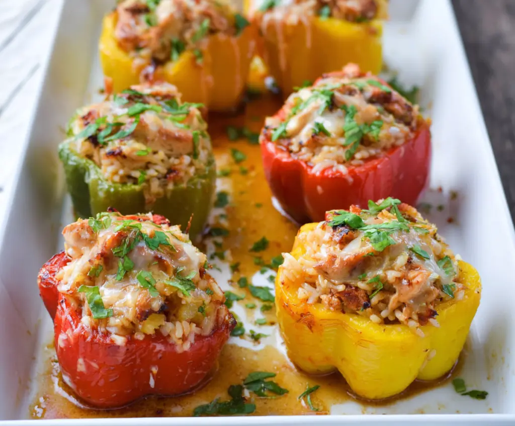 Delicious Teriyaki Pineapple Chicken and Rice Stuffed Peppers, a flavorful and colorful meal.