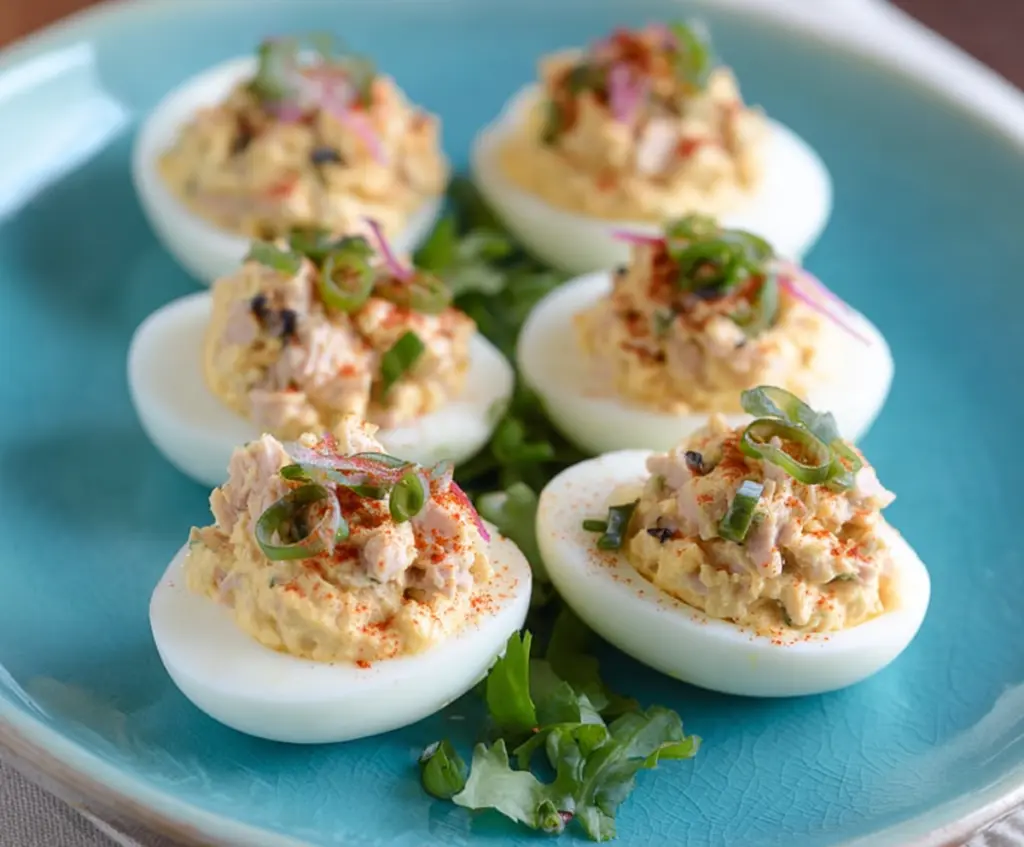 Delicious Tuna Deviled Eggs garnished with herbs, perfect for appetizers and party snacks