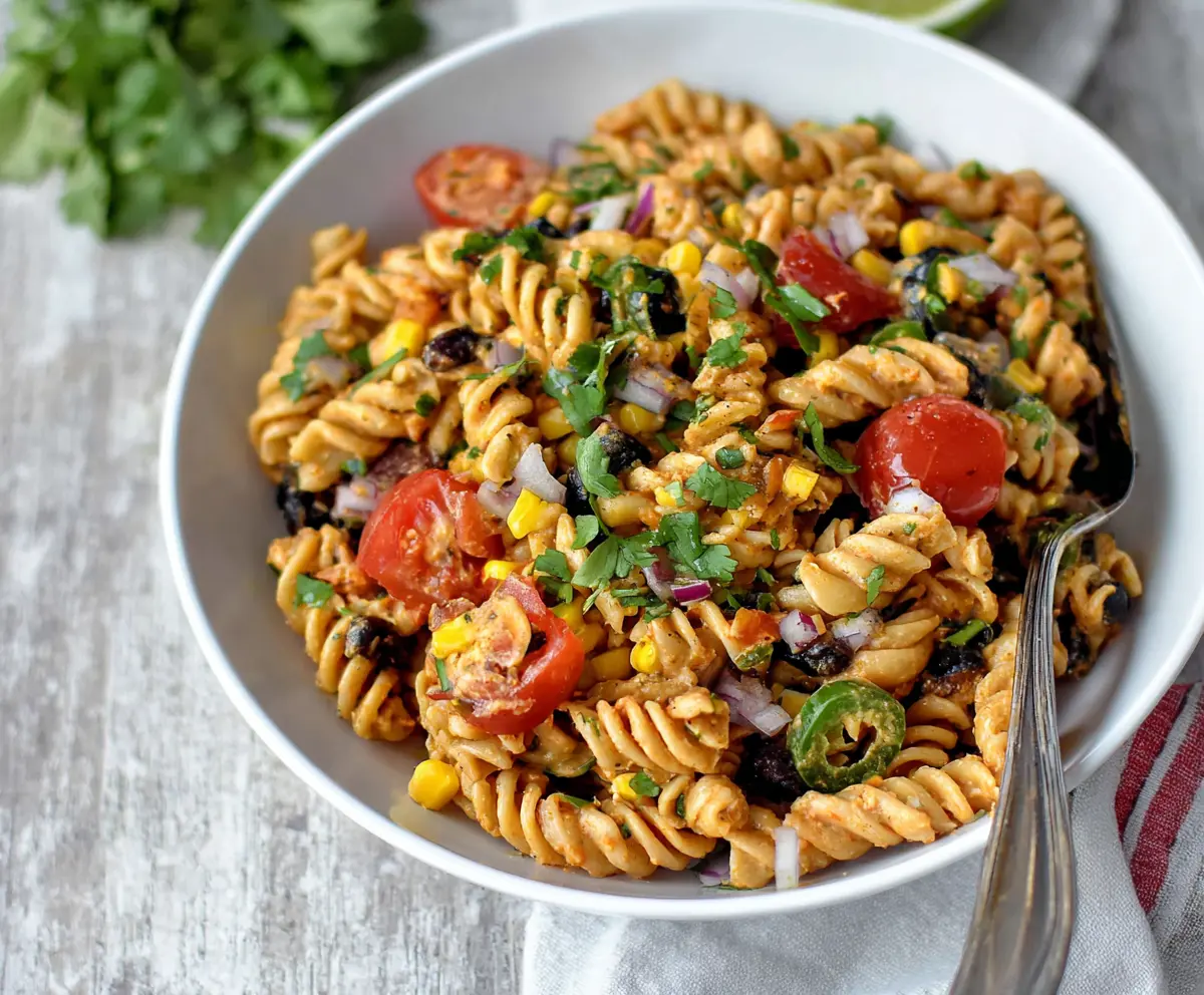 Vegan Southwest Pasta Salad with colorful vegetables and plant-based ingredients