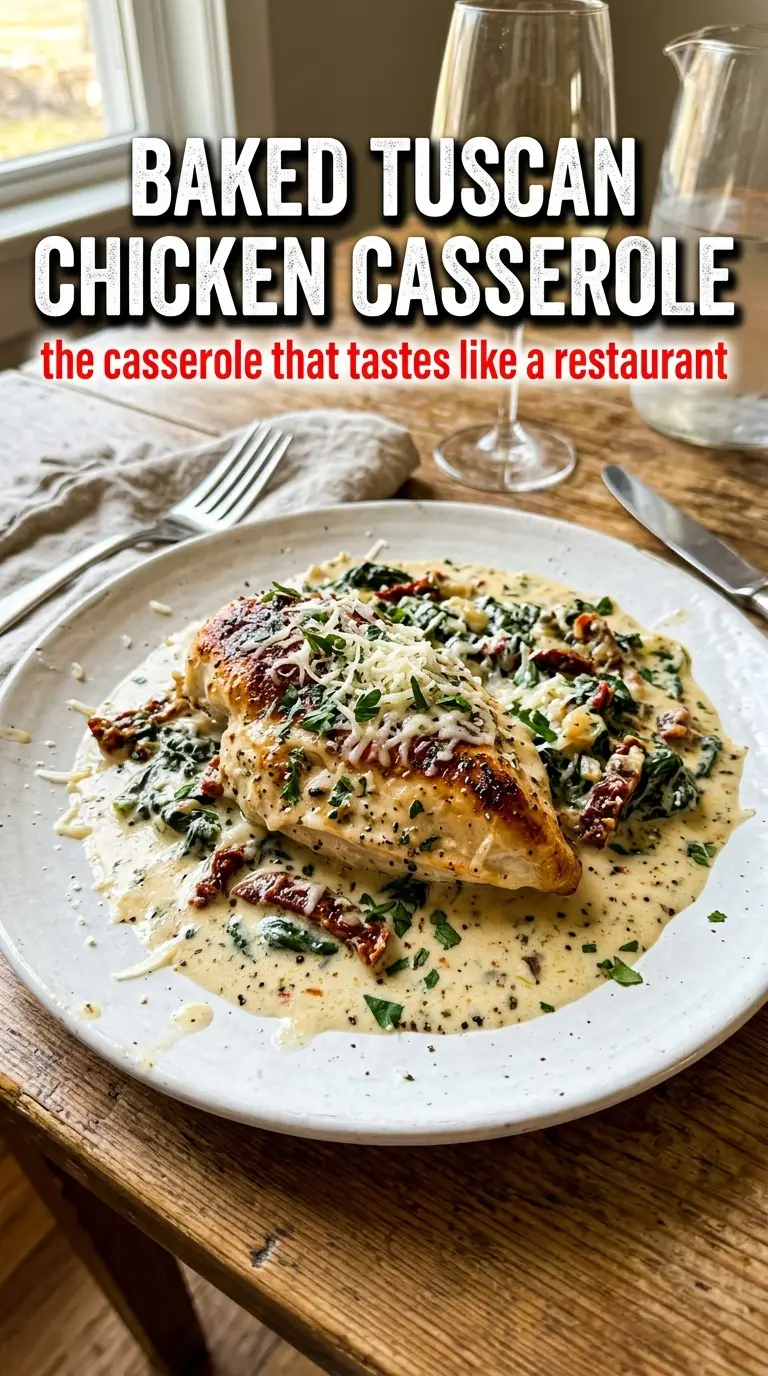 Baked Tuscan chicken casserole creamy spinach sun-dried tomatoes