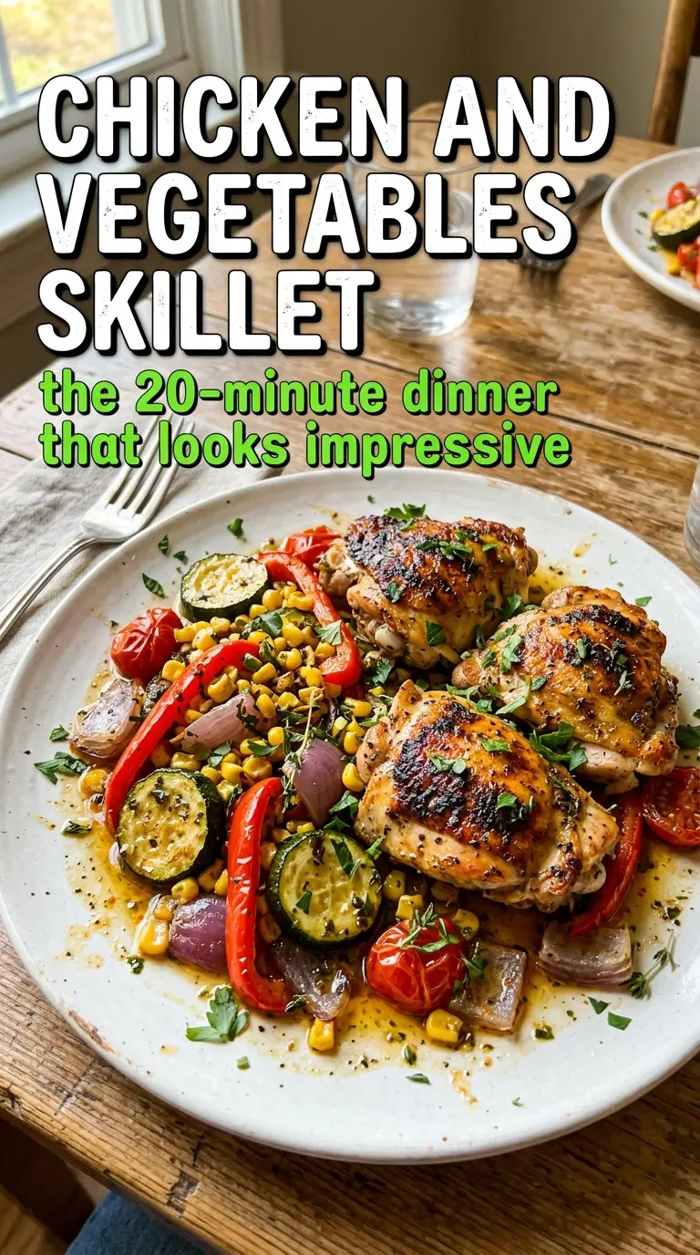 Chicken and Vegetables Skillet with golden chicken, charred vegetables, herb garlic sauce