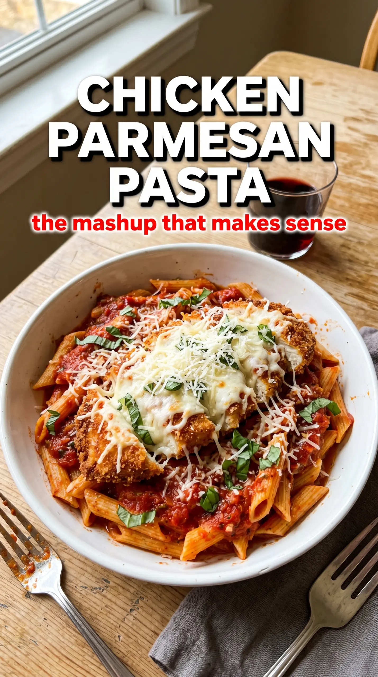 Chicken Parmesan Pasta with penne, crispy chicken, and melted cheese