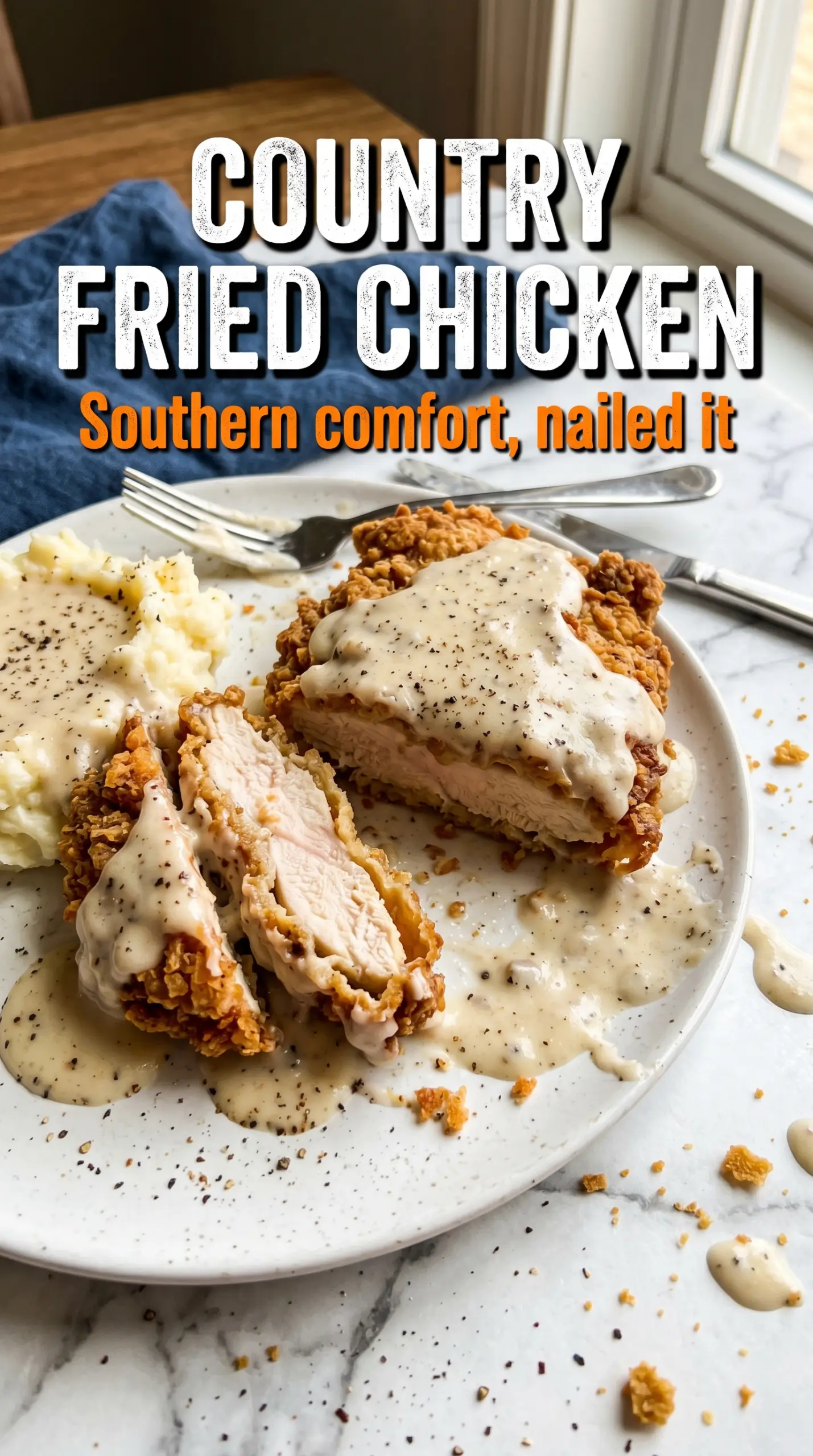 Country fried chicken crispy golden gravy