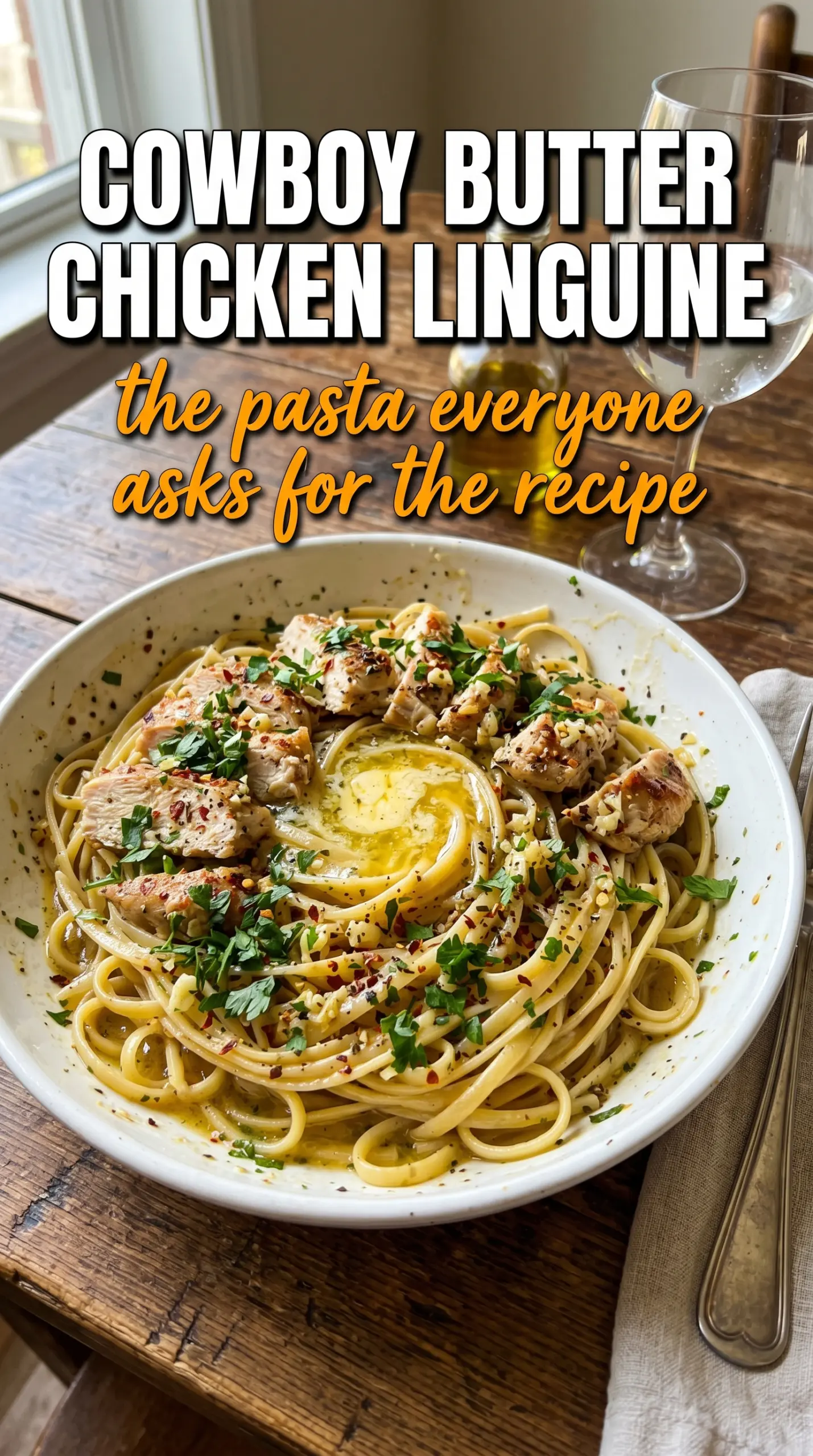 Cowboy Butter Chicken Linguine bold pasta, lemony herbs, seared chicken