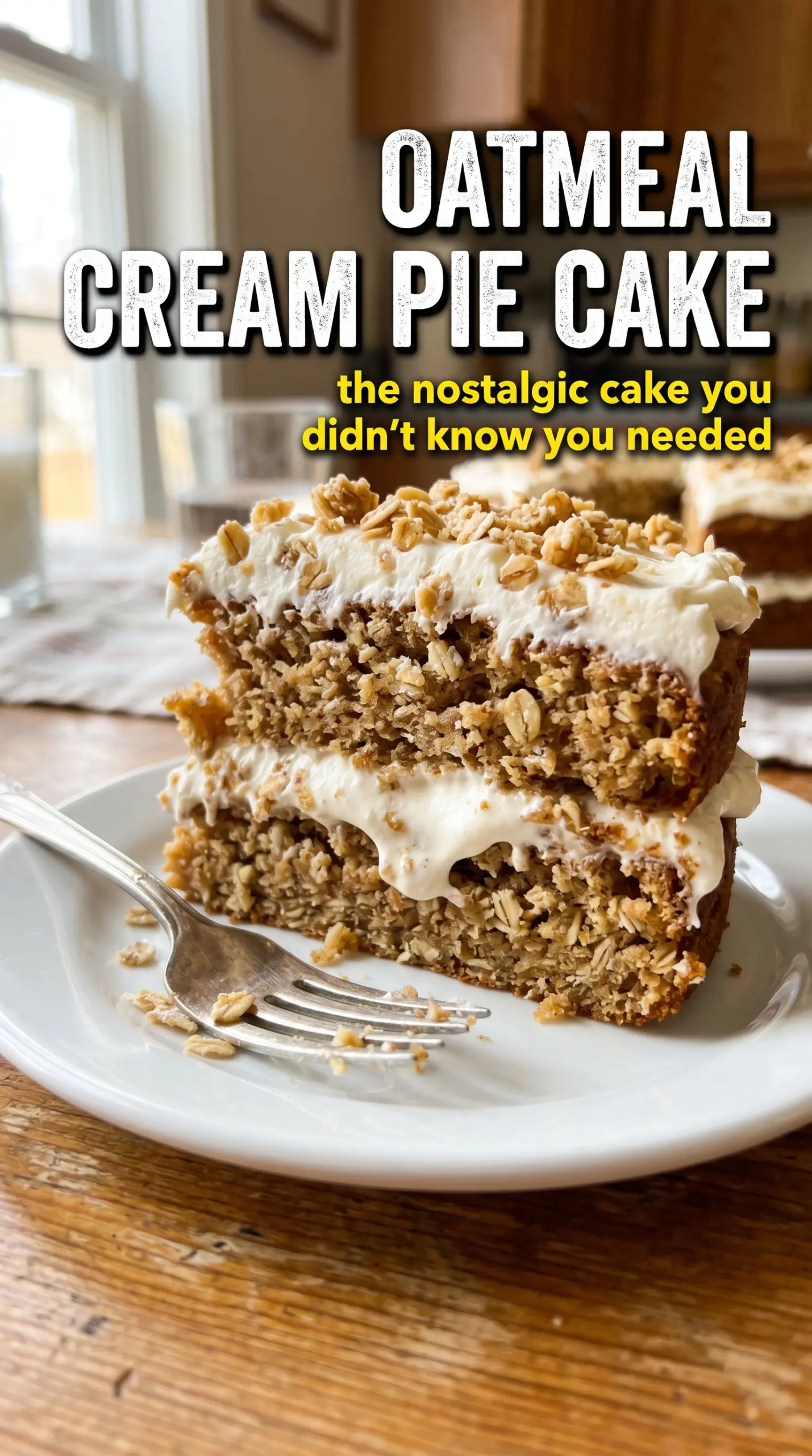 Oatmeal Cream Pie Cake layered dessert, marshmallow filling, oatmeal crumb
