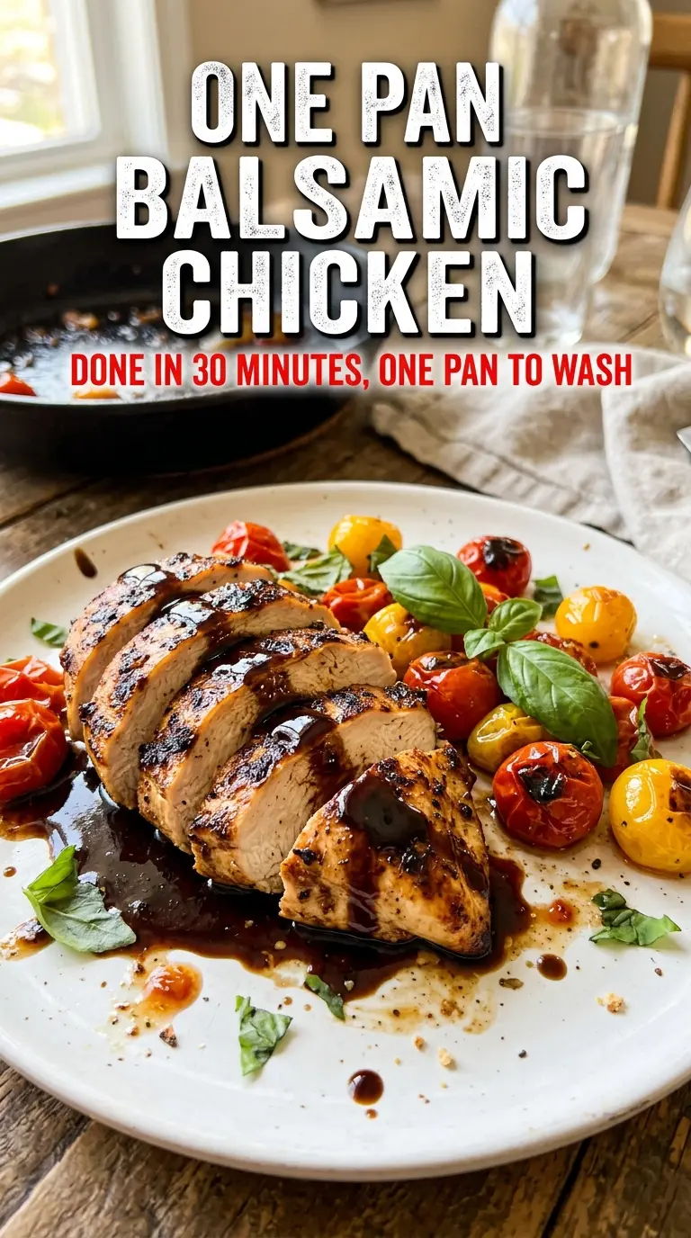 One Pan Balsamic Chicken, glazed chicken thighs, cherry tomatoes