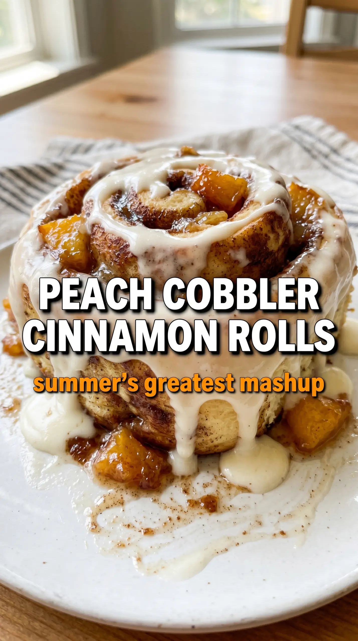 Peach Cobbler Cinnamon Rolls, jammy peaches, vanilla glaze