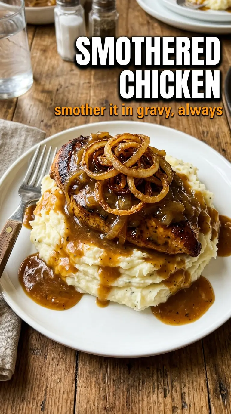 Smothered Chicken rich onion gravy, skillet dinner