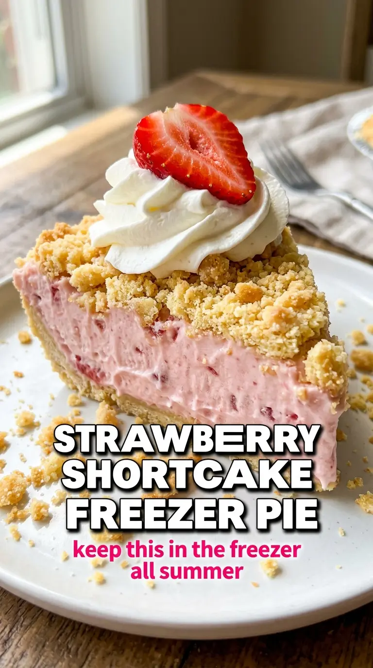 Strawberry Shortcake Freezer Pie with creamy, crunchy, strawberry-filled