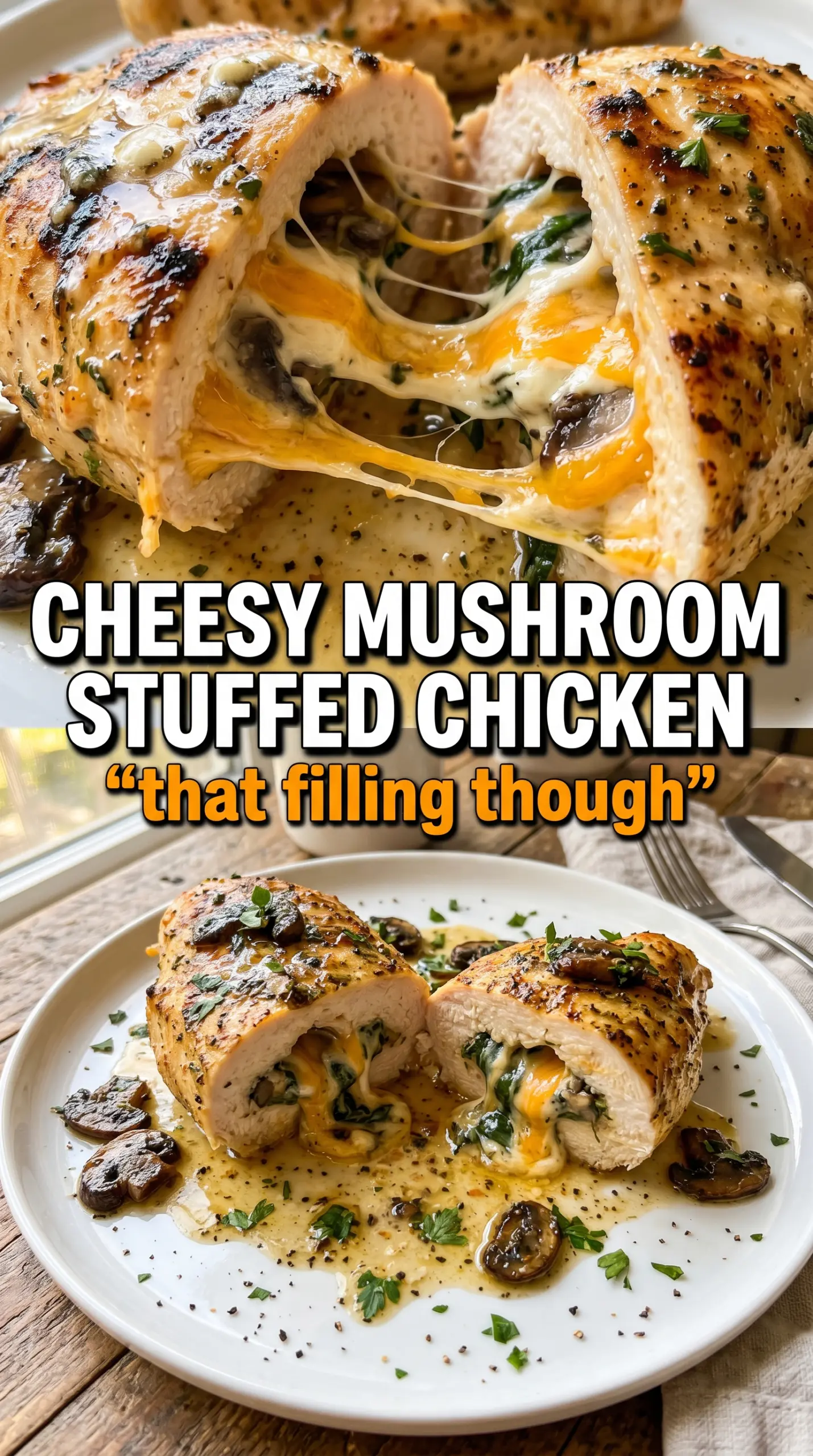 Cheesy Garlic Butter Mushroom Stuffed Chicken cheesy, garlicky, golden