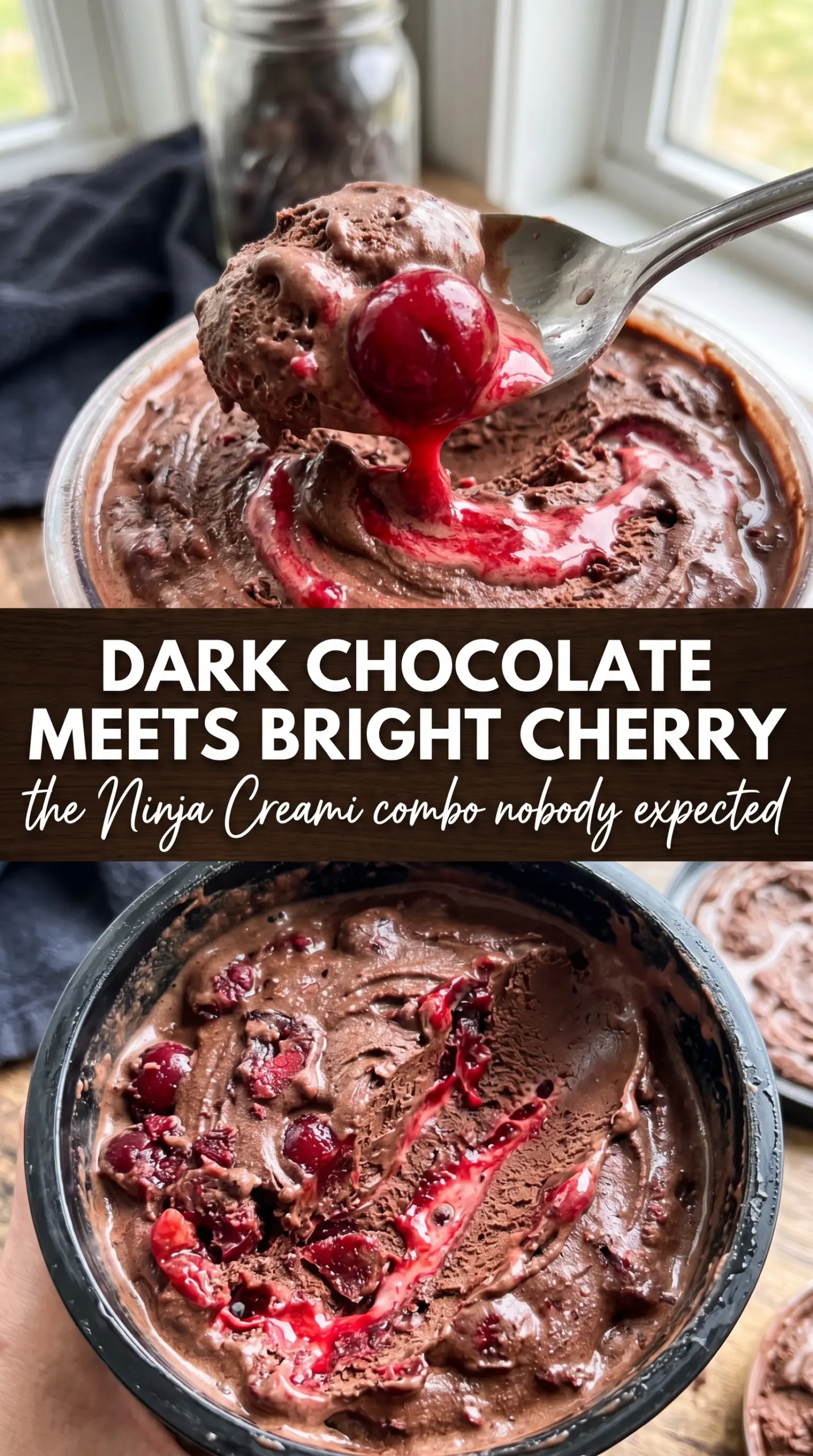 Cherry Chocolate Ice Cream in the Ninja Creami dark chocolate cherry