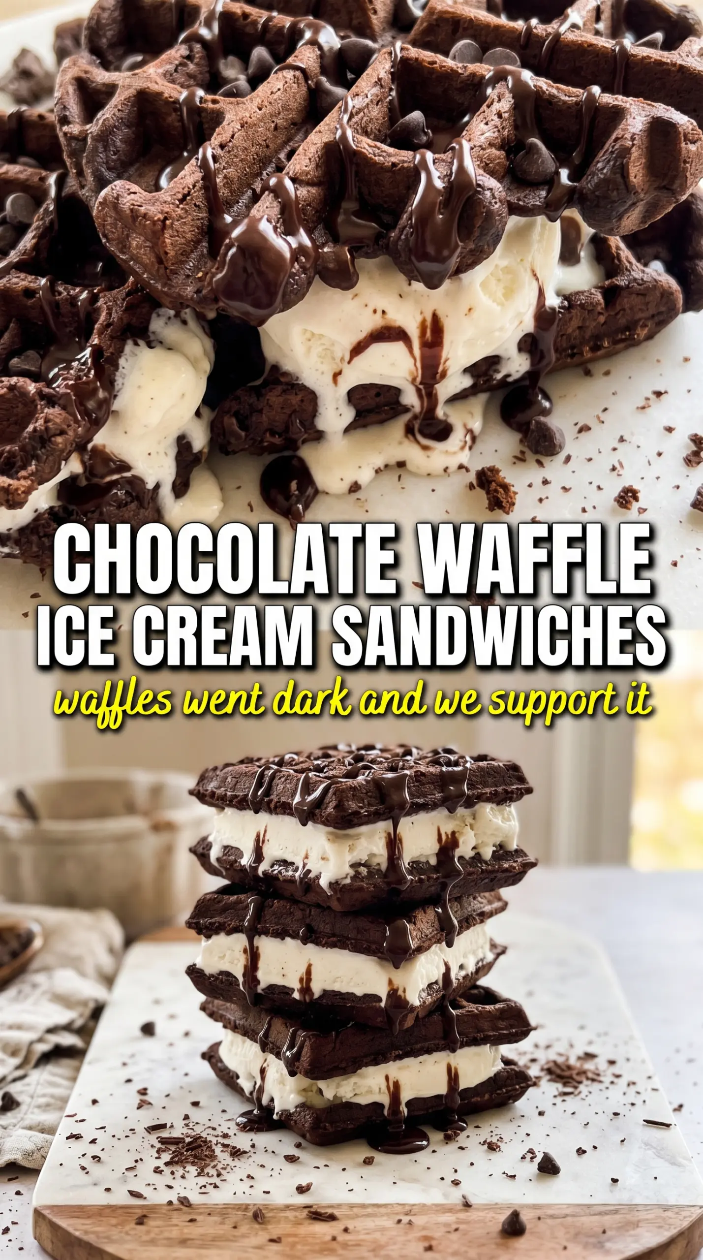 Chocolate Waffle Ice Cream Sandwiches dark chocolate creamy frozen