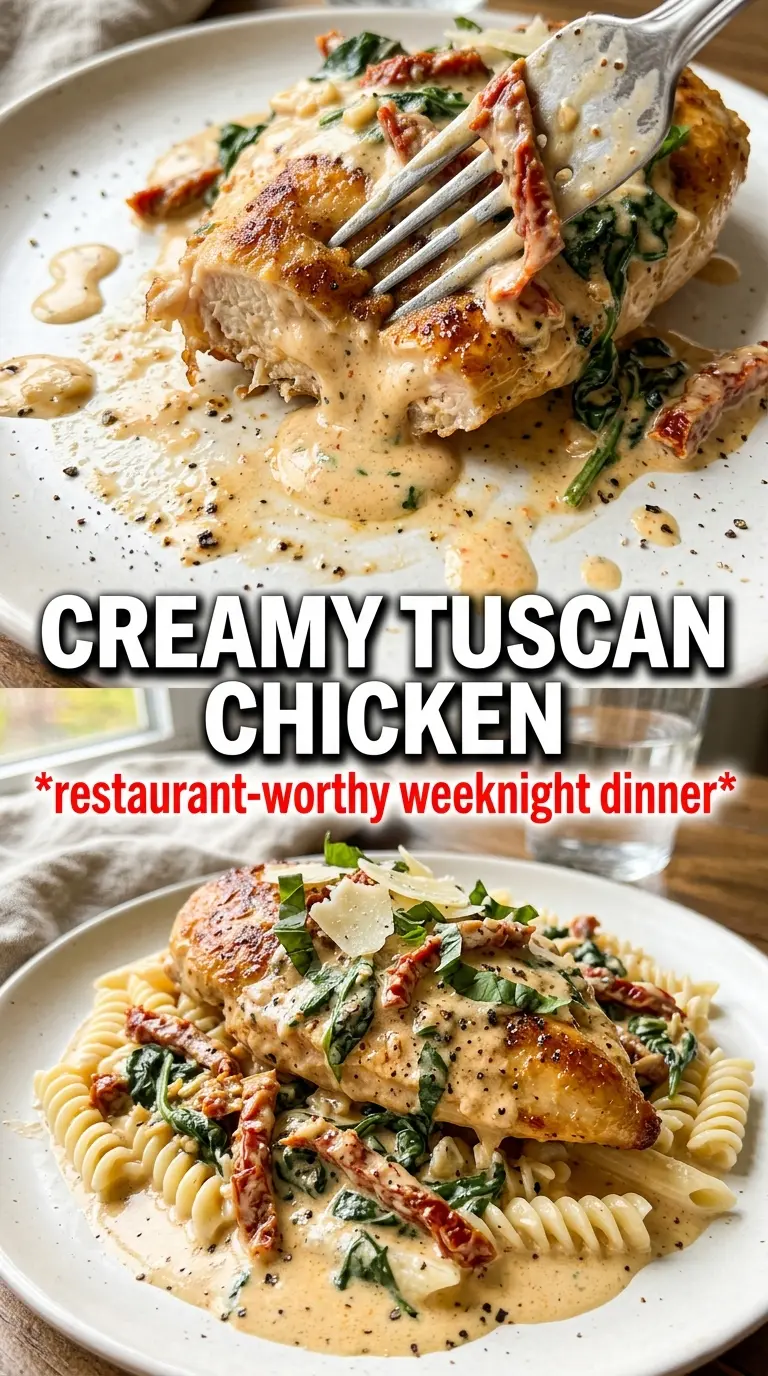 Creamy Tuscan Chicken with sun-dried tomatoes, spinach, basil