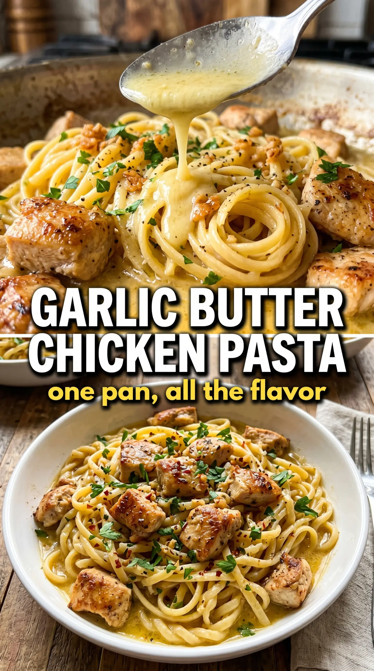 Garlic Butter Chicken Pasta with spaghetti, golden chicken, parsley