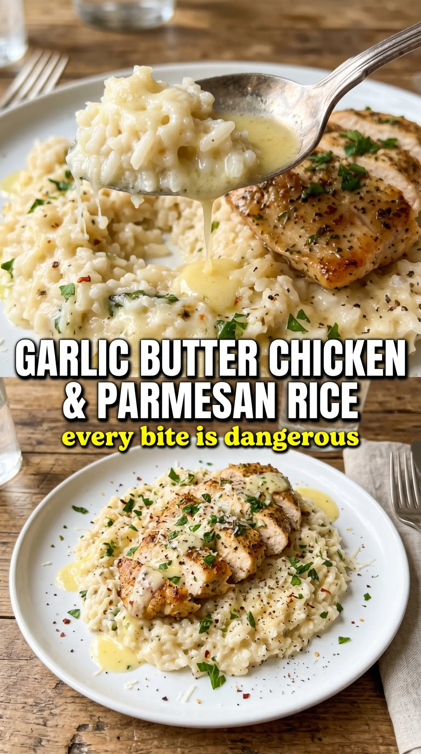 Garlic Butter Chicken with Parmesan Rice, creamy skillet dinner