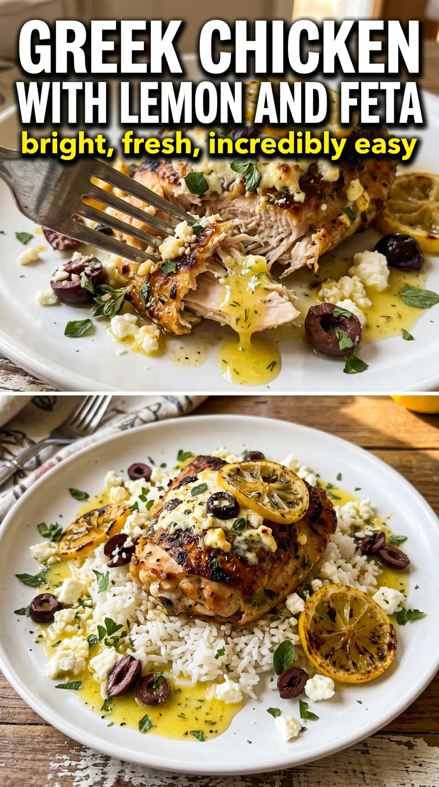 Greek Chicken with Lemon and Feta, golden roasted, herby