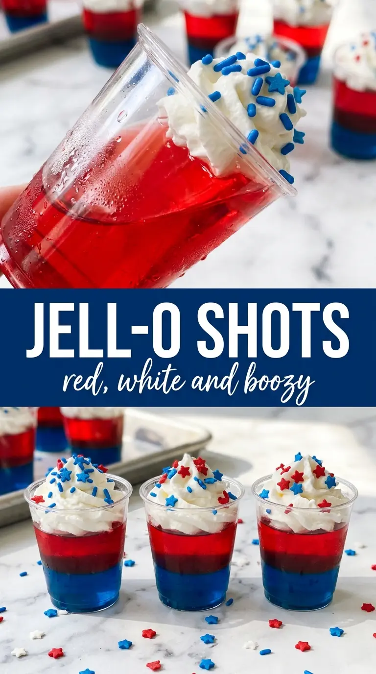 Jell-O shots red white and blue layered, jiggly patriotic
