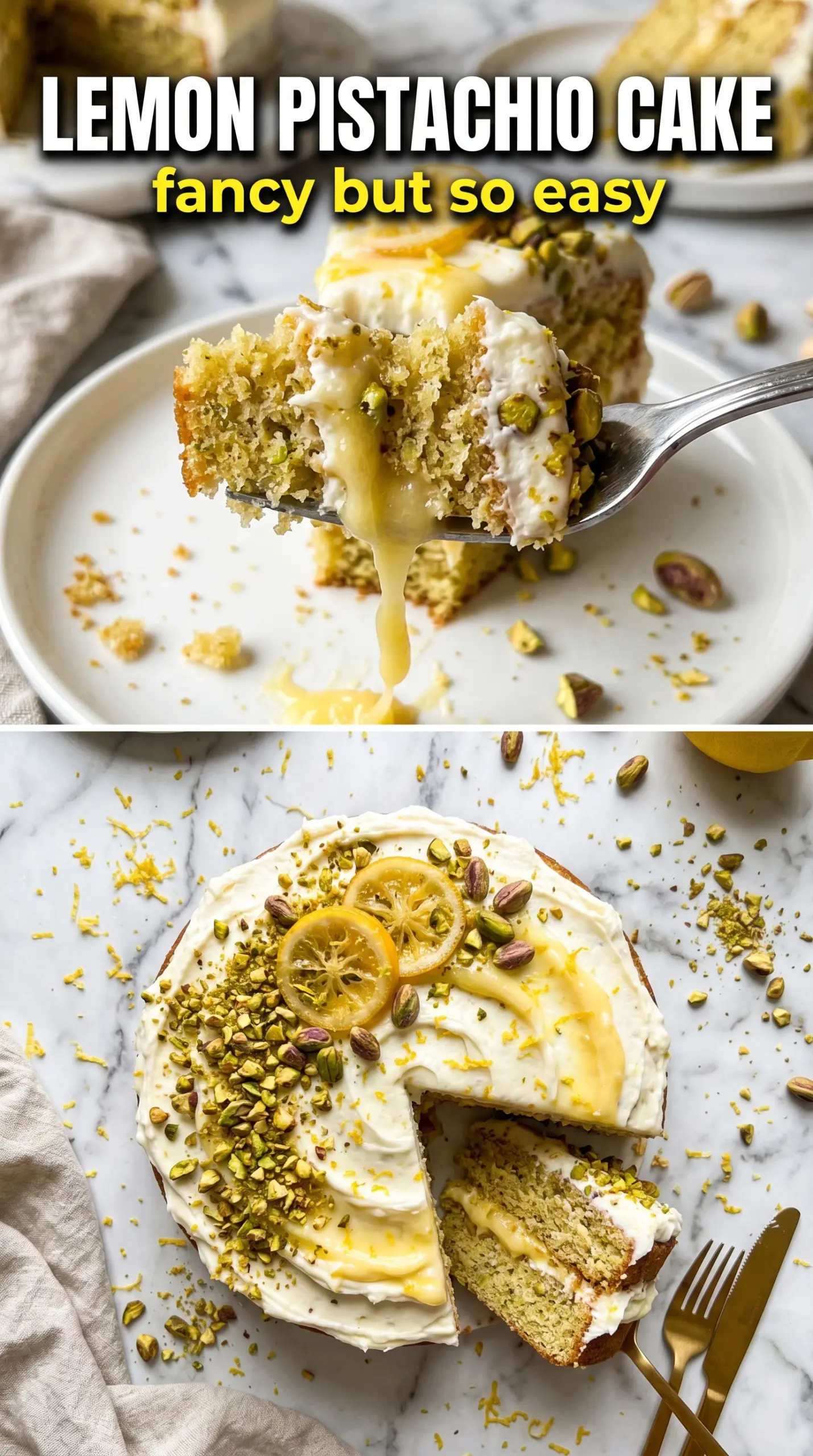 Lemon Pistachio Cake, pistachio crumb, lemon frosting