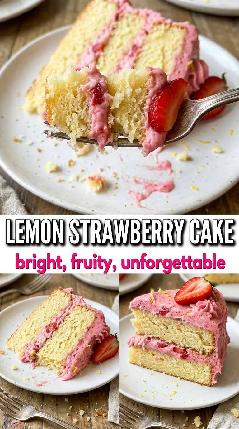 Lemon Strawberry Cake bright layers, pink frosting, fresh berries