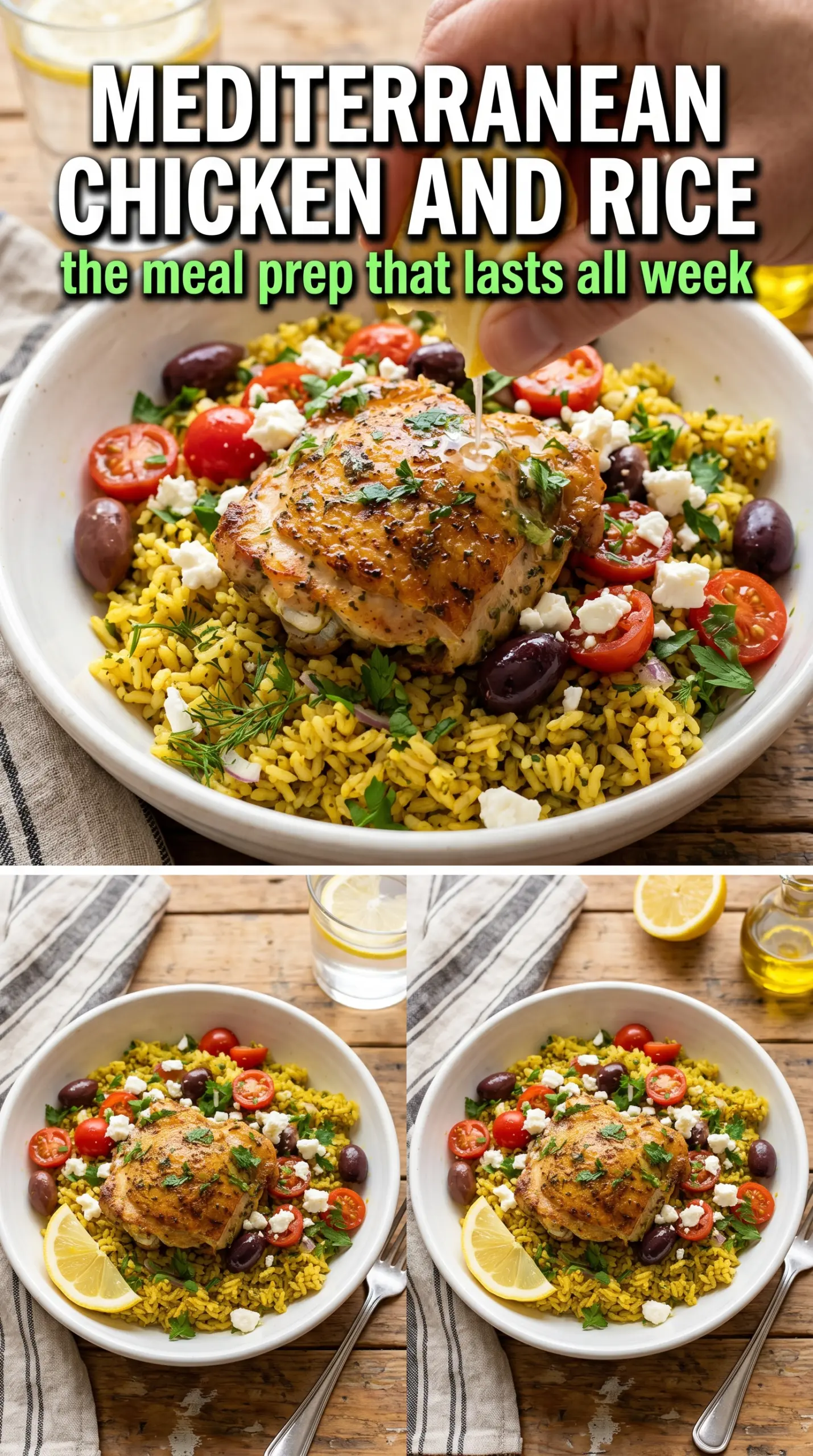 Mediterranean Chicken and Rice with lemony rice, golden chicken, feta
