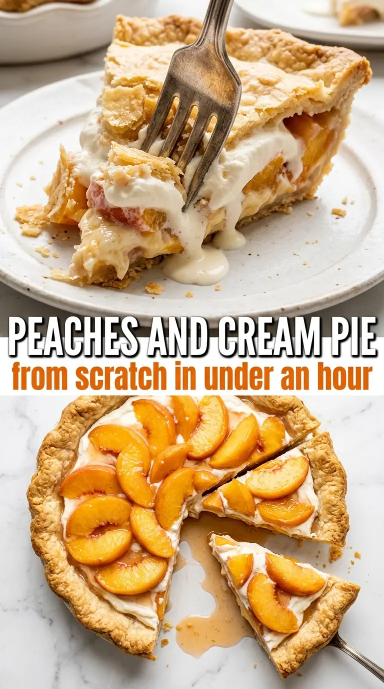 Peaches and Cream Pie silky custard, golden crust, fresh peaches