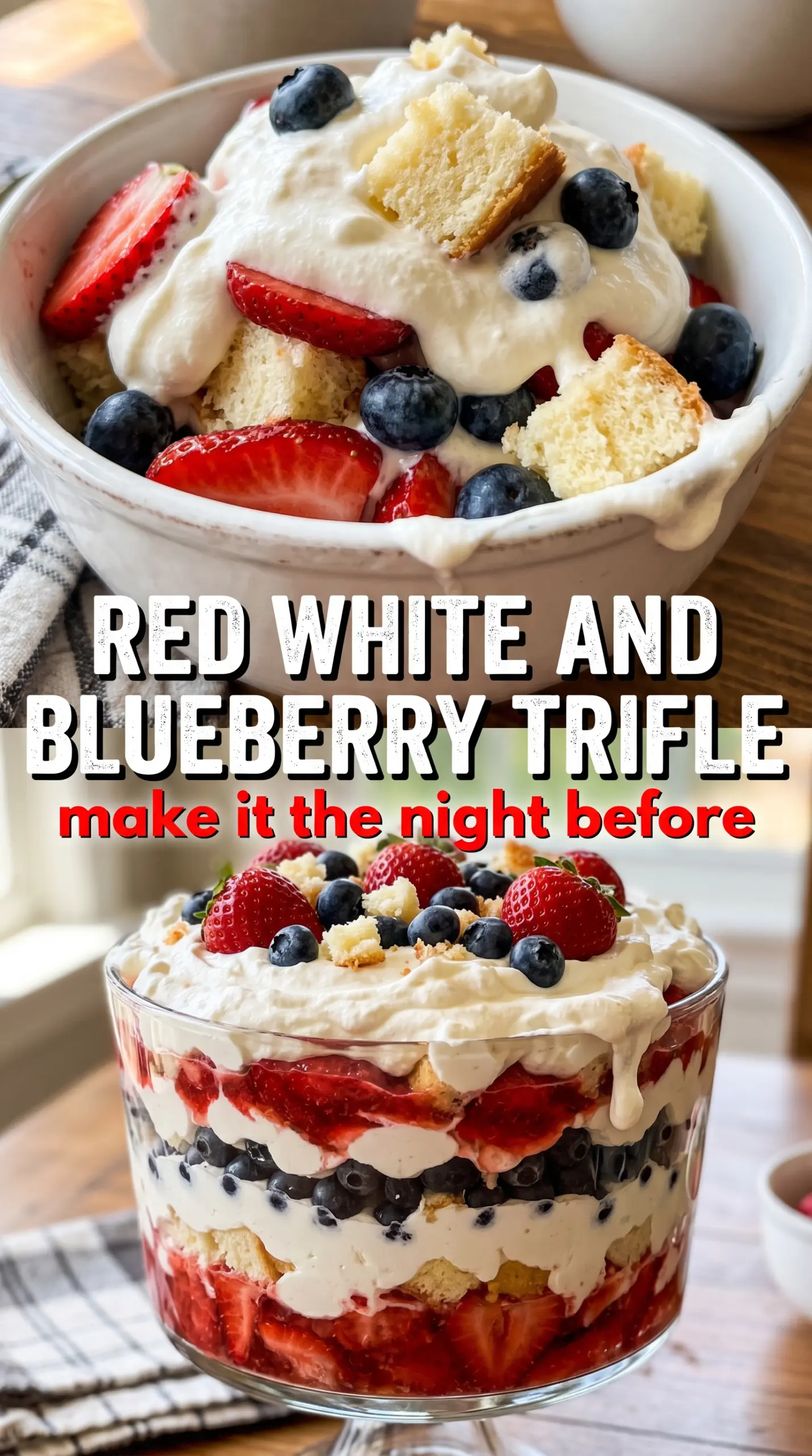Red, White and Blueberry Trifle layered dessert, fluffy cream, fresh berries