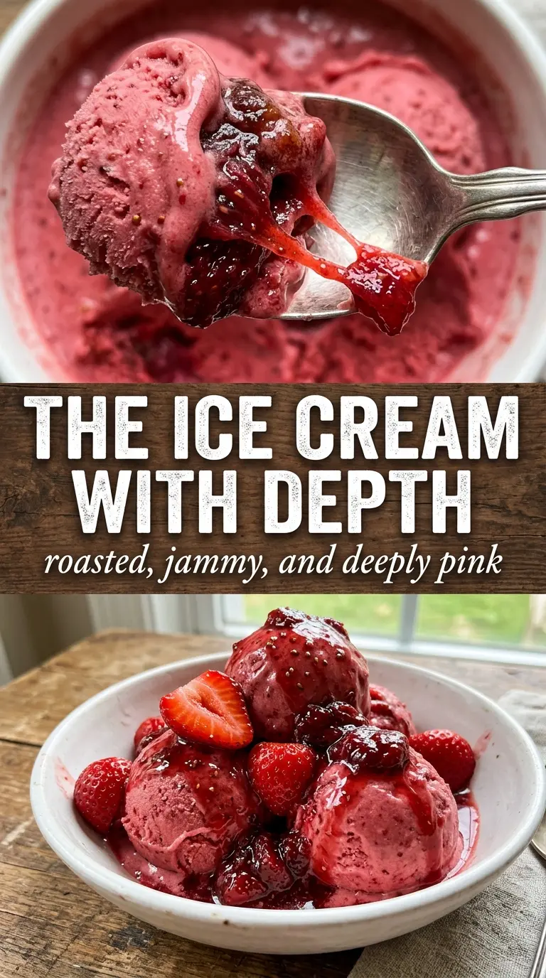 Roasted Strawberry Ice Cream deep ruby, jammy, homemade