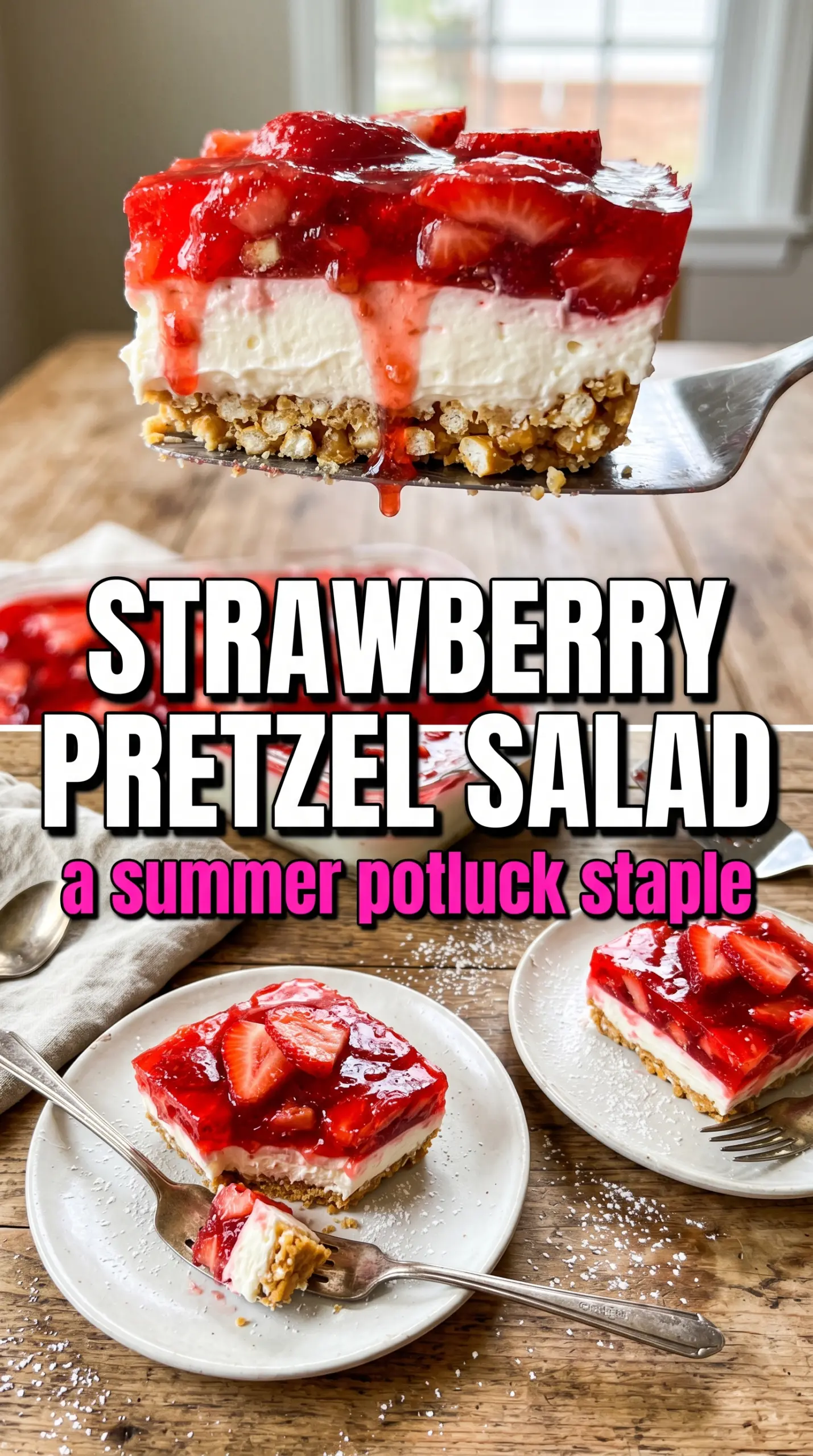 Strawberry Pretzel Salad layered dessert, sweet salty, classic