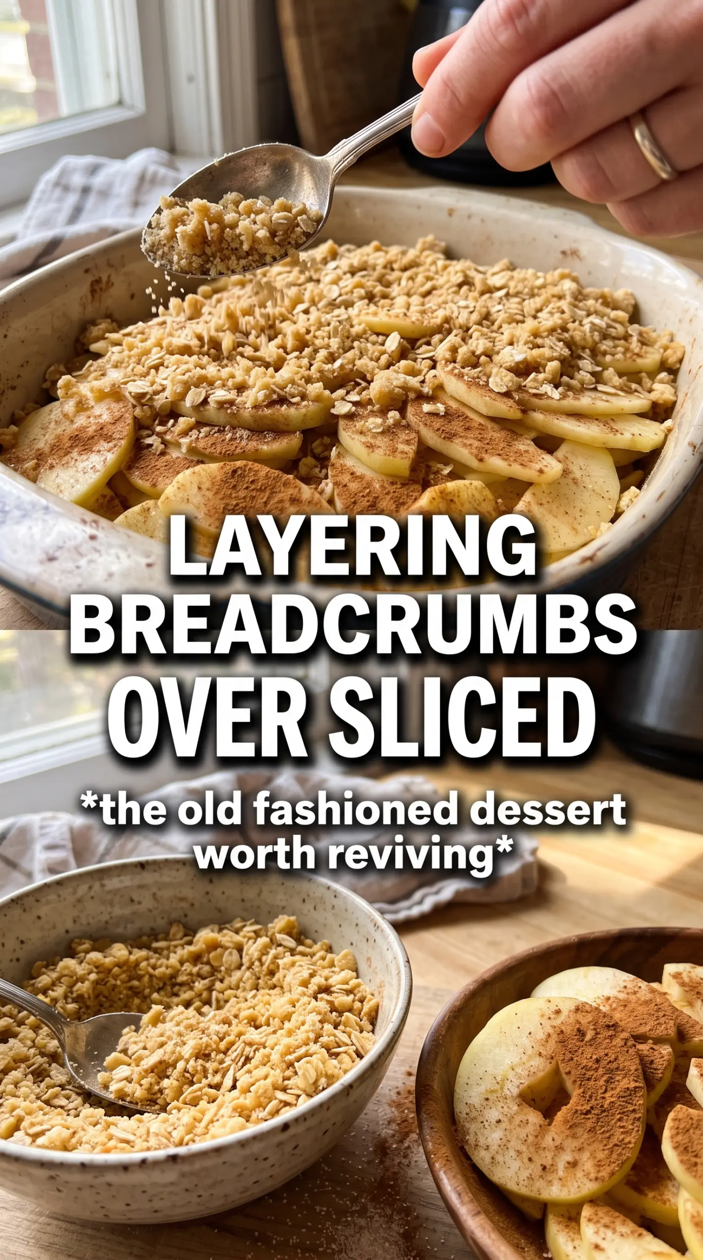 Apple Betty golden crumb topping, spiced apples, baked dessert