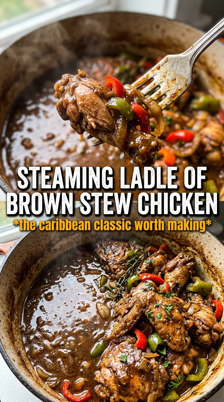 Brown Stew Chicken deep mahogany gravy, tender thighs, Jamaican-spiced