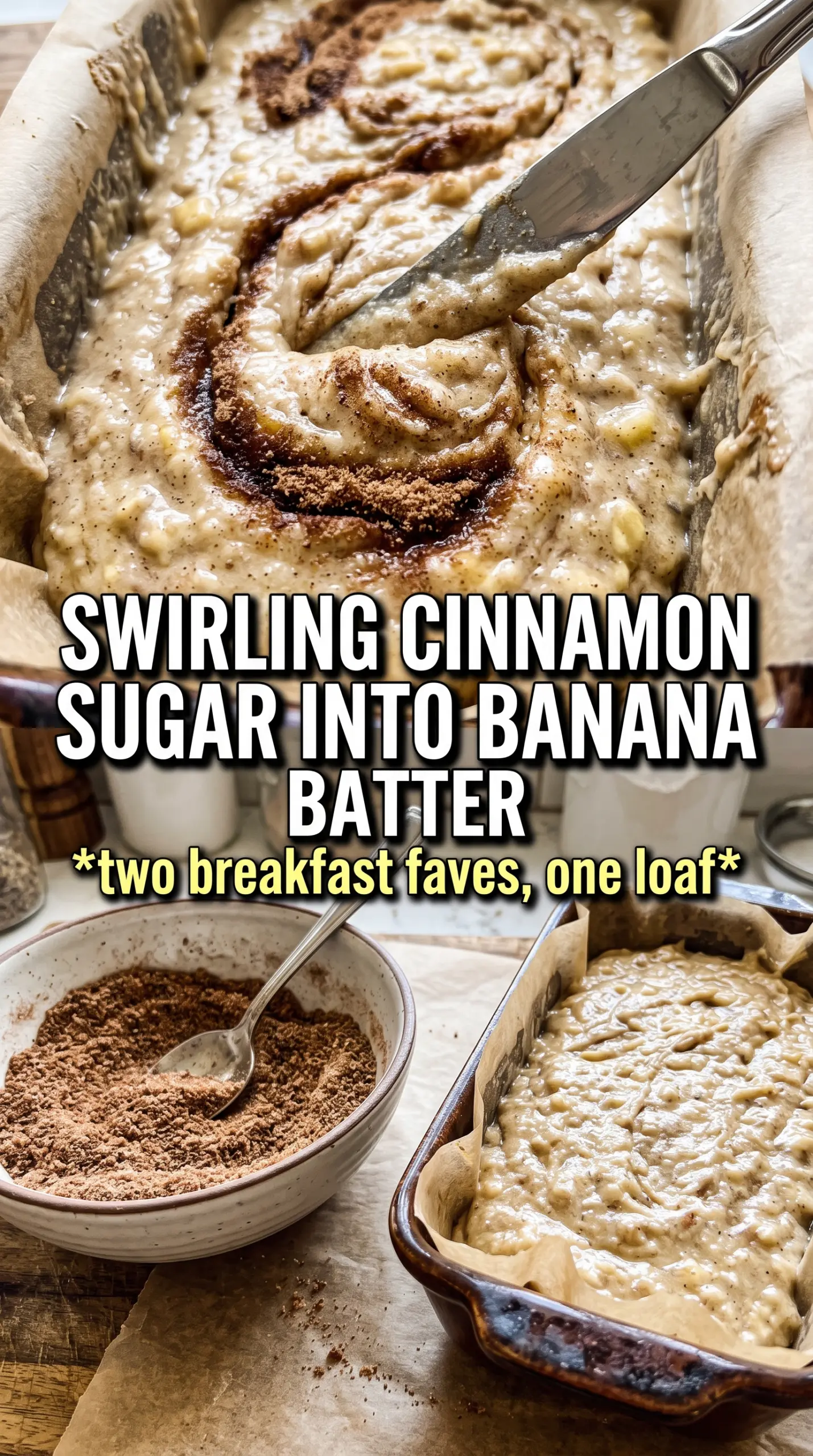 Cinnamon Roll Banana Bread with cinnamon swirl and glaze