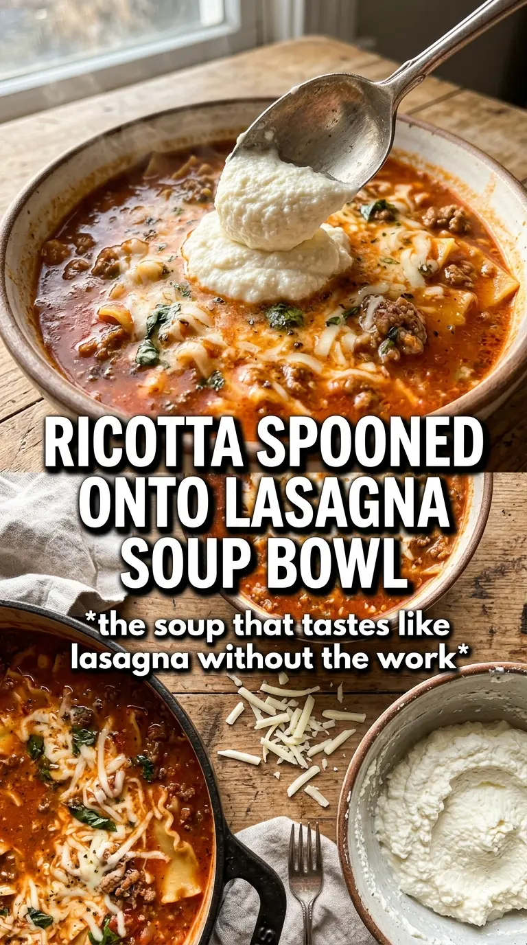 Lasagna soup rich tomato broth creamy cheese