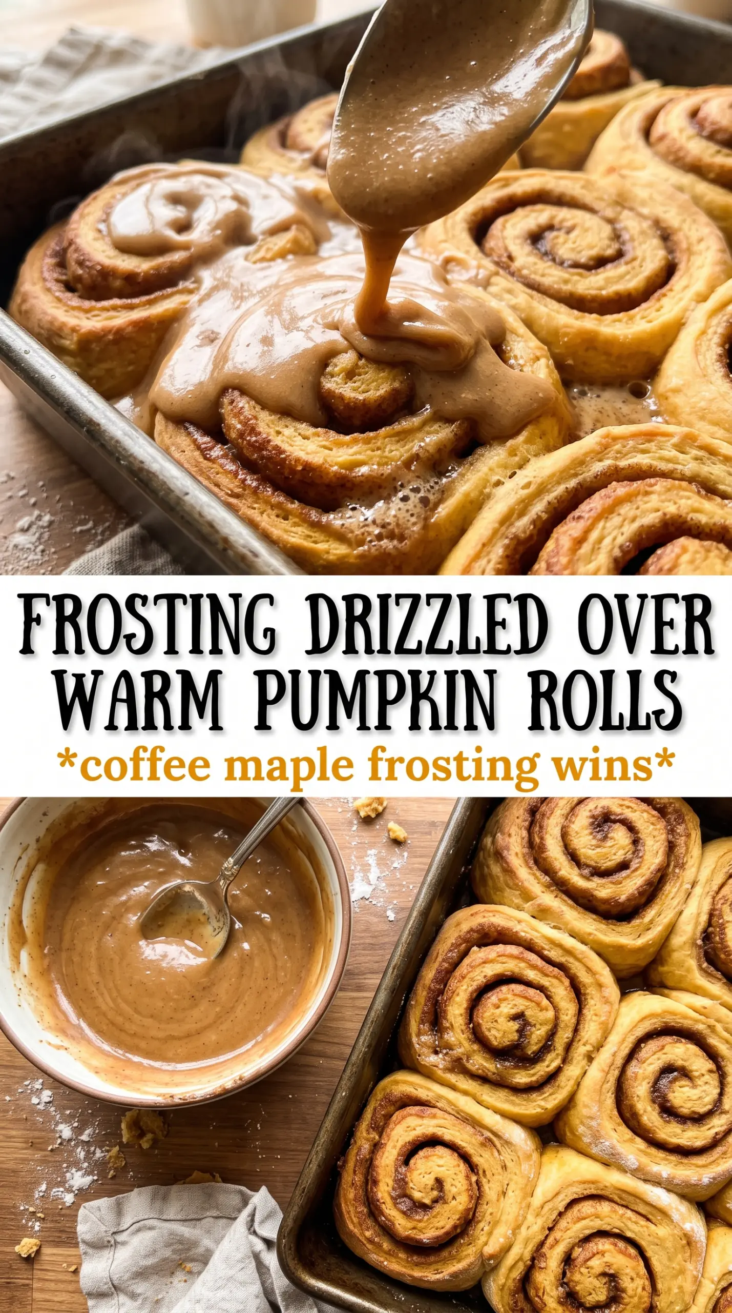 Pumpkin Cinnamon Rolls With Coffee Maple Frosting, golden pillowy, frosted