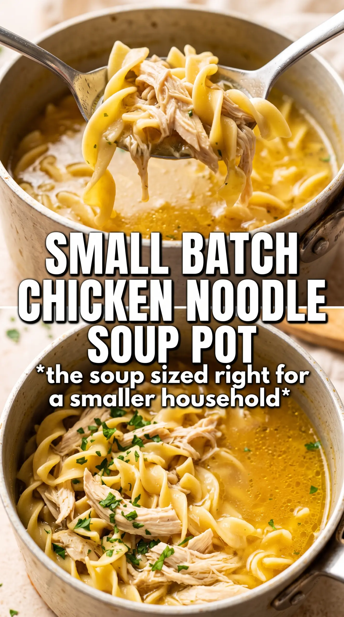 Small Batch Chicken Noodle Soup golden broth, shredded chicken, tender noodles